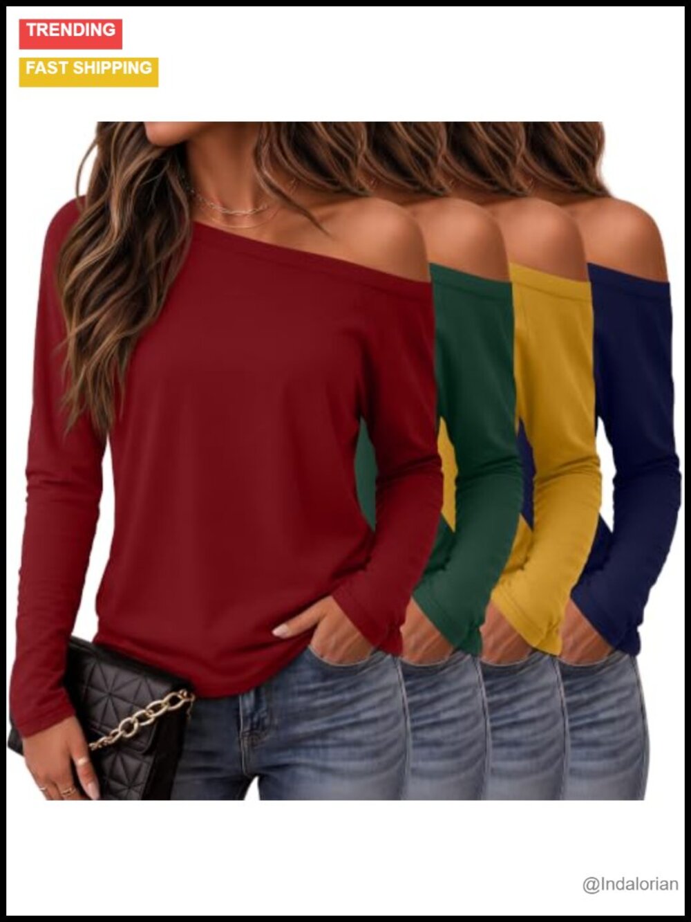 Women's Off The Shoulder Boat Neck Long Sleeve Tops 4 Pack Loose Fit Shirts